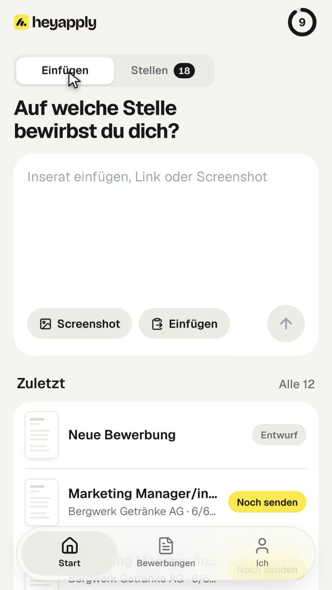Heyapply am Handy: Inserat einfügen, Bewerbung erhalten, als beworben markieren