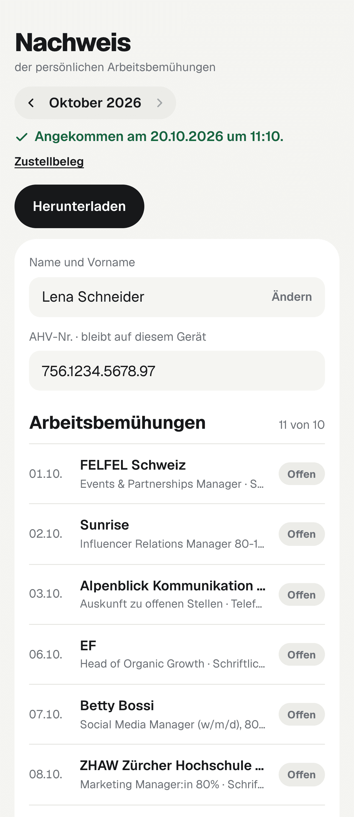 Heyapply am Handy: Nachweis der persönlichen Arbeitsbemühungen Oktober 2026, angekommen am 20.10., 12 von 10 Bemühungen