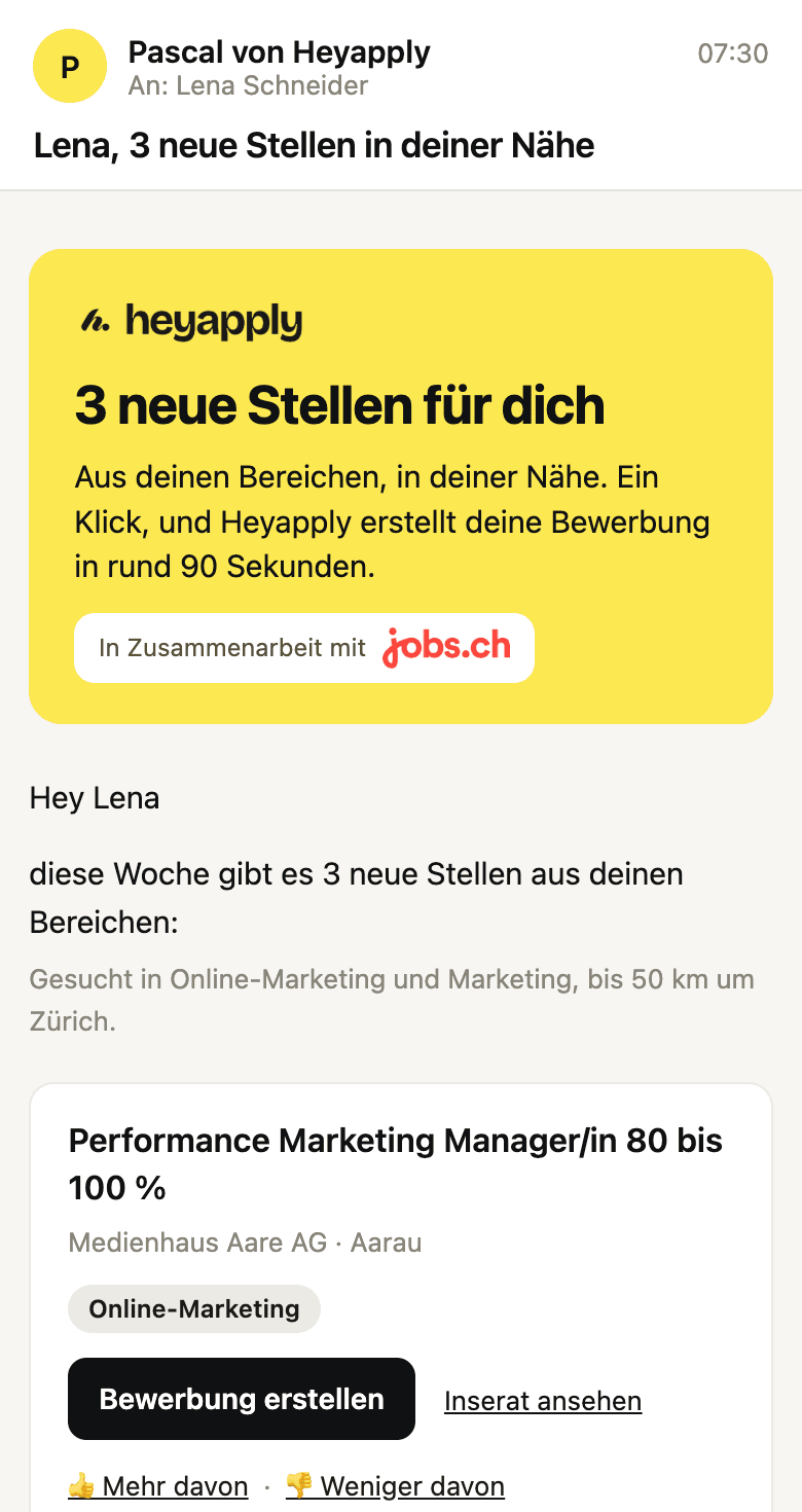 Montags-Mail von Heyapply an Lena: 3 neue Stellen in deiner Nähe, zuoberst Performance Marketing Manager/in bei Medienhaus Aare AG