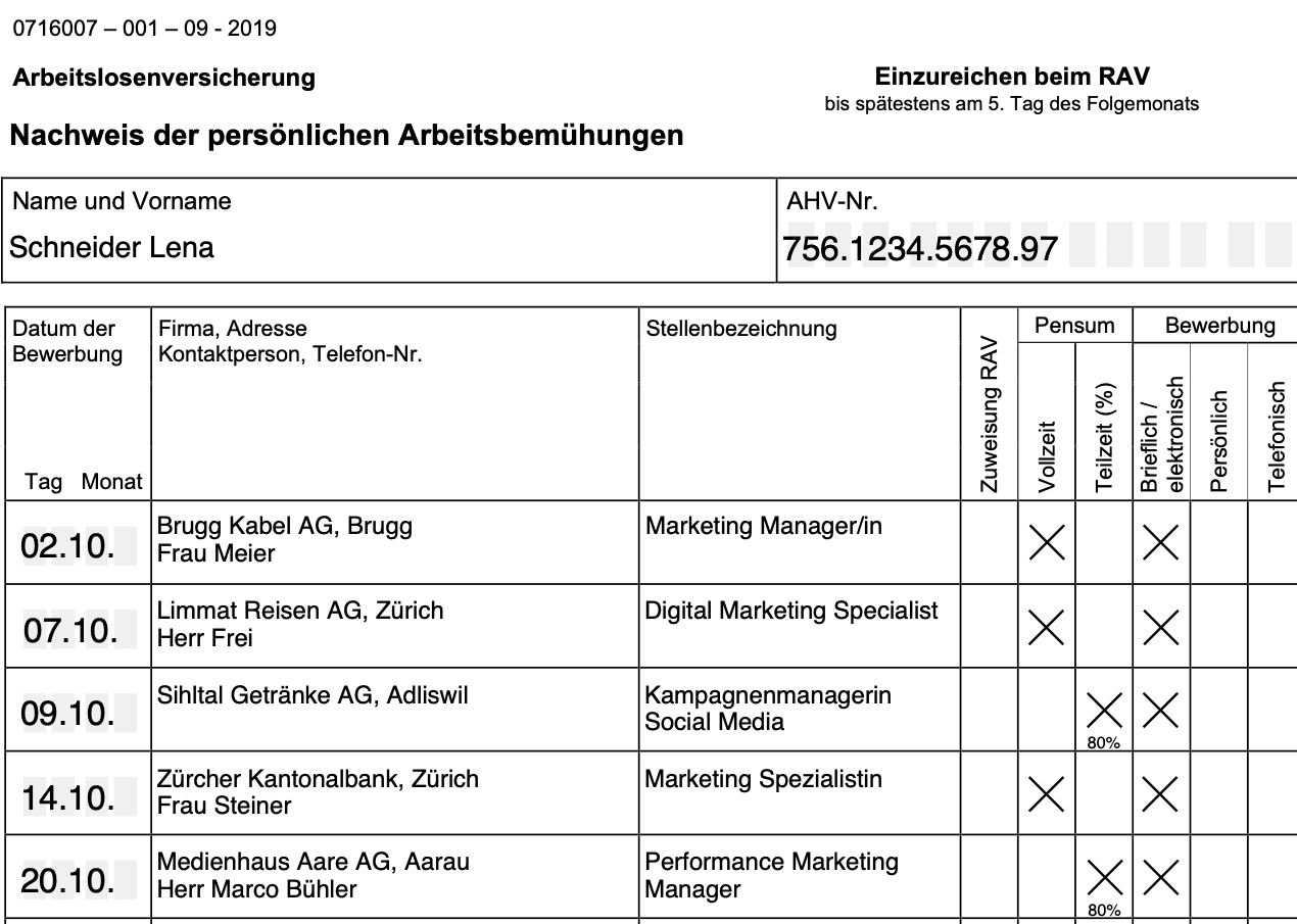 Amtliches Formular Nachweis der persönlichen Arbeitsbemühungen, Oktober 2026, mit fünf eingetragenen Bewerbungen