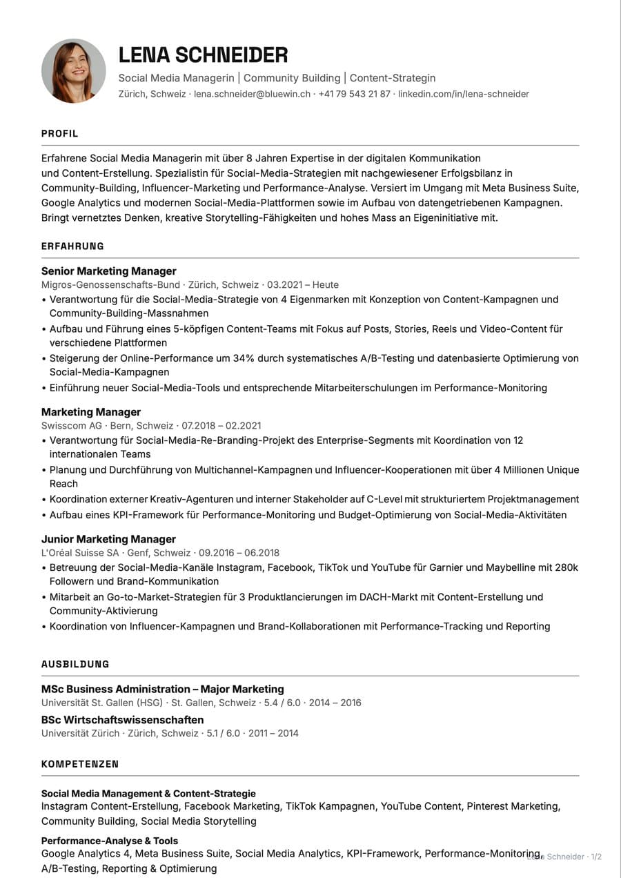 Lebenslauf von Lena Schneider, heruntergeladen aus Heyapply