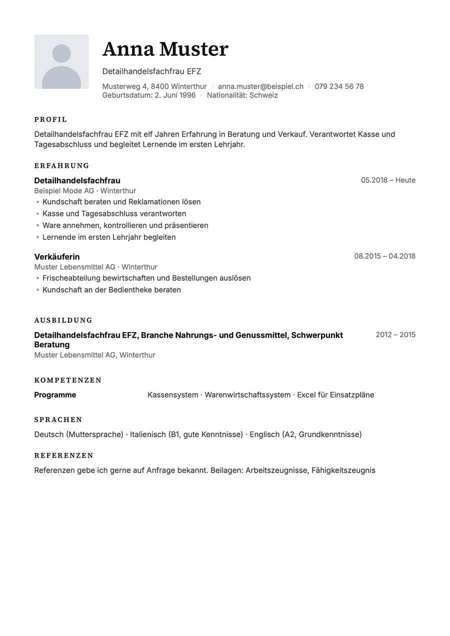 Vorschau Lebenslauf Vorlage Detailhandelsfachfrau und -fachmann EFZ