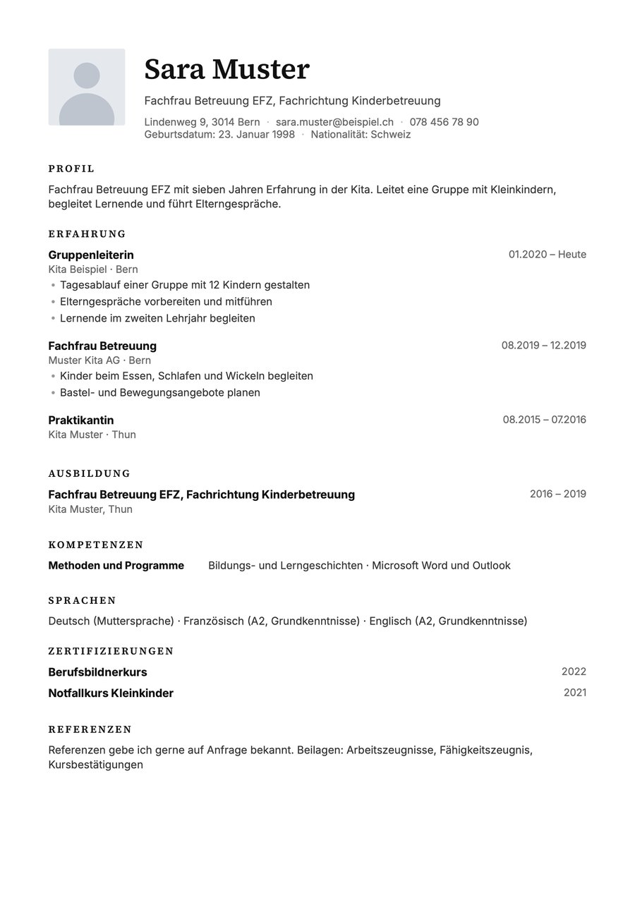Vorschau Lebenslauf Vorlage Fachfrau und Fachmann Betreuung EFZ (FaBe)