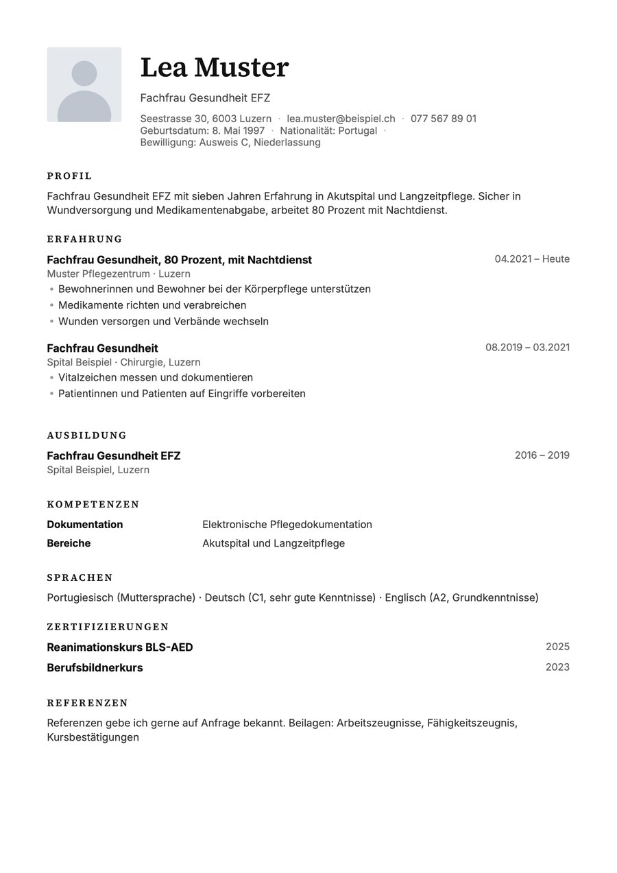 Vorschau Lebenslauf Vorlage Fachfrau und Fachmann Gesundheit EFZ (FaGe)