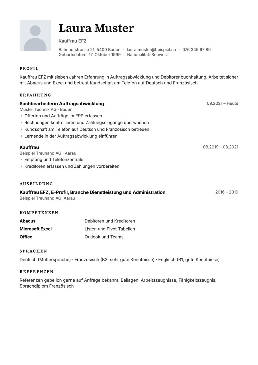 Vorschau Lebenslauf Vorlage Kauffrau und Kaufmann EFZ