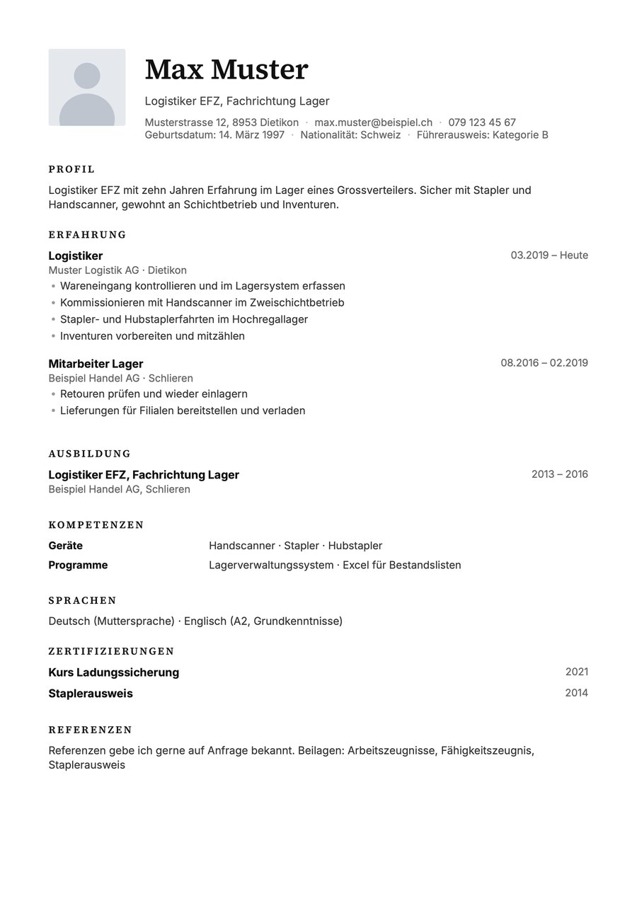Vorschau Lebenslauf Vorlage Logistikerin und Logistiker EFZ