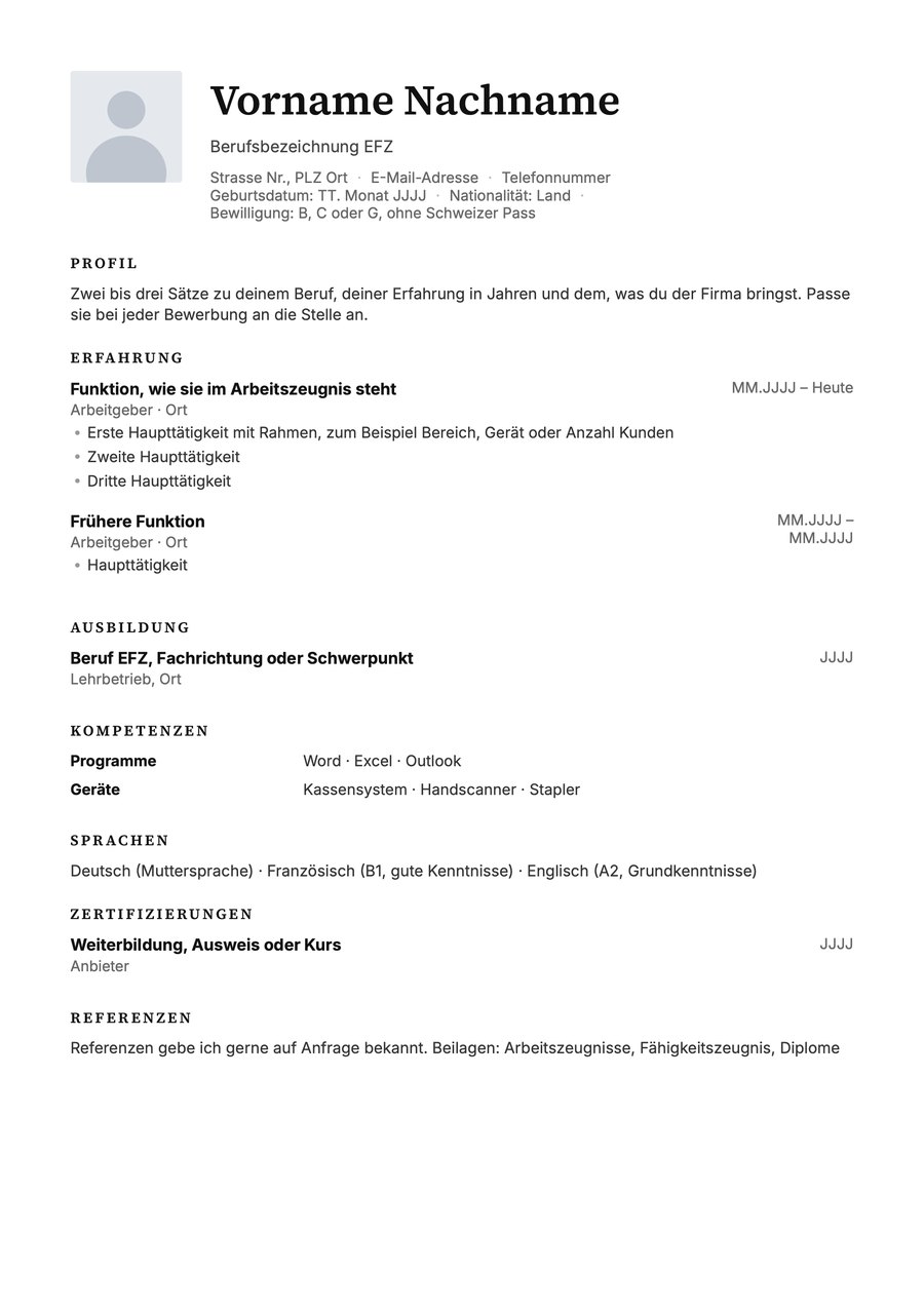 Vorschau der Vorlage Lebenslauf Schweiz im Layout Klassisch